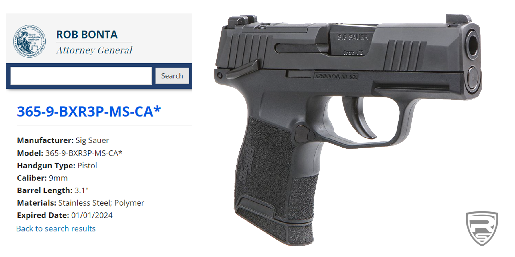 P365 on the CA Handgun Roster